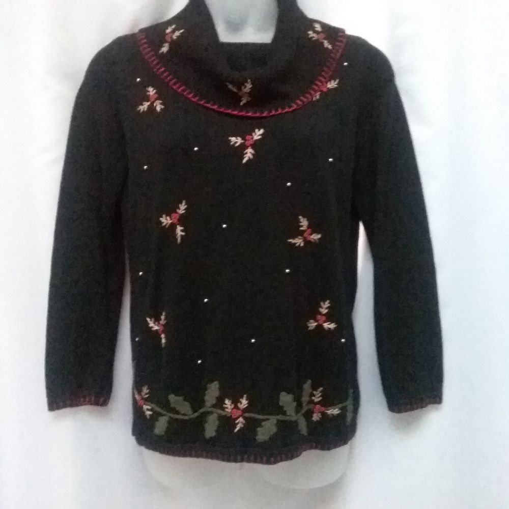 Basic Editions Tunic Sweater Cowl Neck Embellished Holiday Ugly Christmas Small